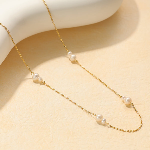 PN0246 925 Sterling Silver Double Freshwster Pearls Charm Beaded Necklace