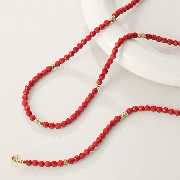 PN0088 925 Sterling Silver Cut Red Coral Beaded Necklace