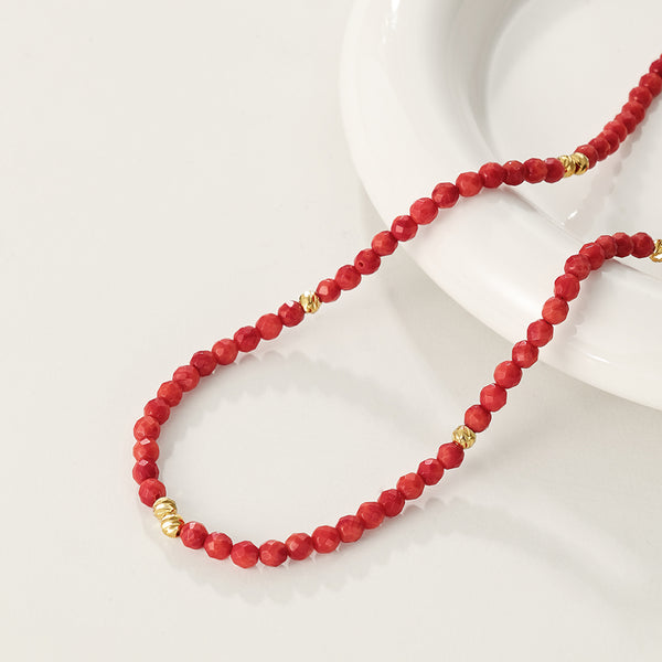 PN0088 925 Sterling Silver Cut Red Coral Beaded Necklace