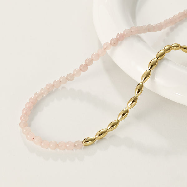 PN0095 925 Sterling Silver Pink Crystal Gold Beaded Necklace