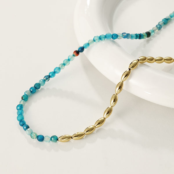 PN0091 Blue Agate Gold Beaded Necklace