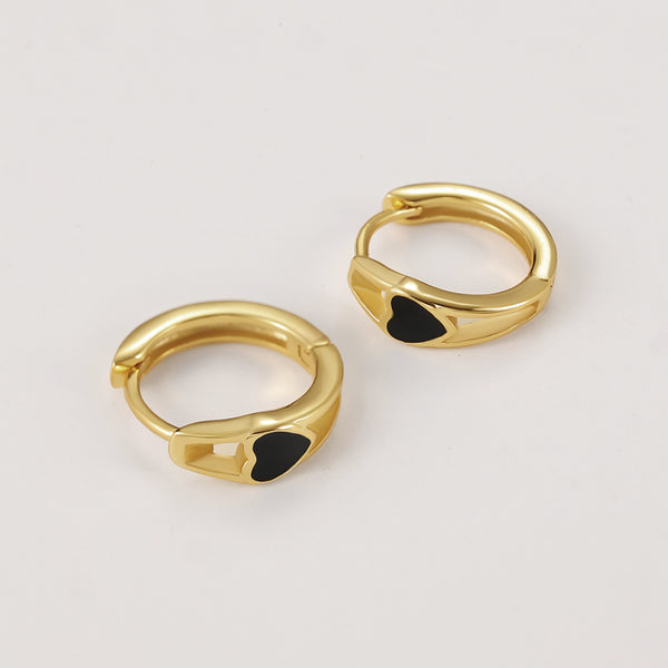 FE2193 925 Sterling Silver Black Enamel Heart Hoop Earrings