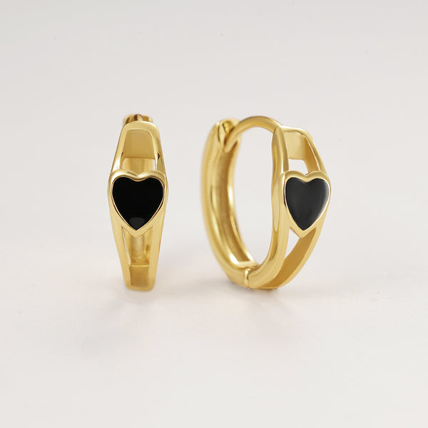 FE2193 925 Sterling Silver Black Enamel Heart Hoop Earrings