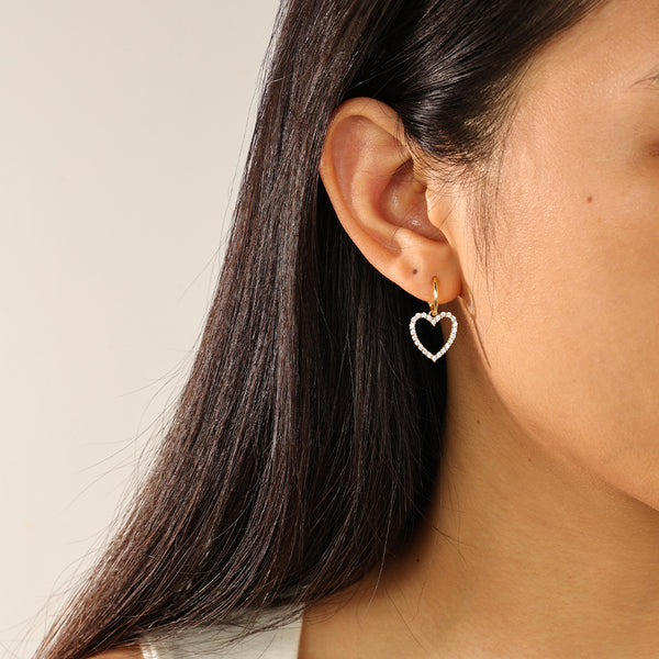FE2373 925 Sterling Silver Cubic Zirconia Heart Dangle Hoop Earrings