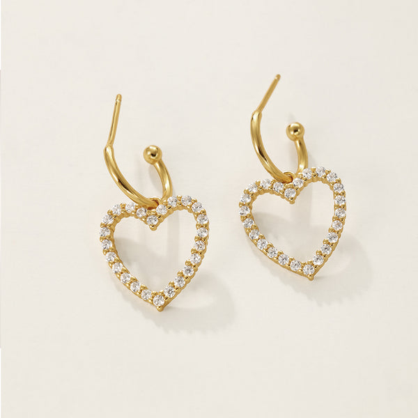 FE2373 925 Sterling Silver Cubic Zirconia Heart Dangle Hoop Earrings