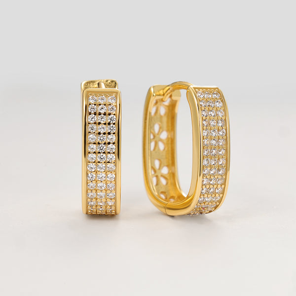 FE2182 925 Sterling Silver Hollow Flower U-shaped Full CZ Hoop Earrings