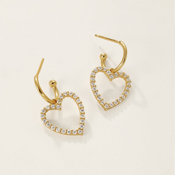 FE2373 925 Sterling Silver Cubic Zirconia Heart Dangle Hoop Earrings