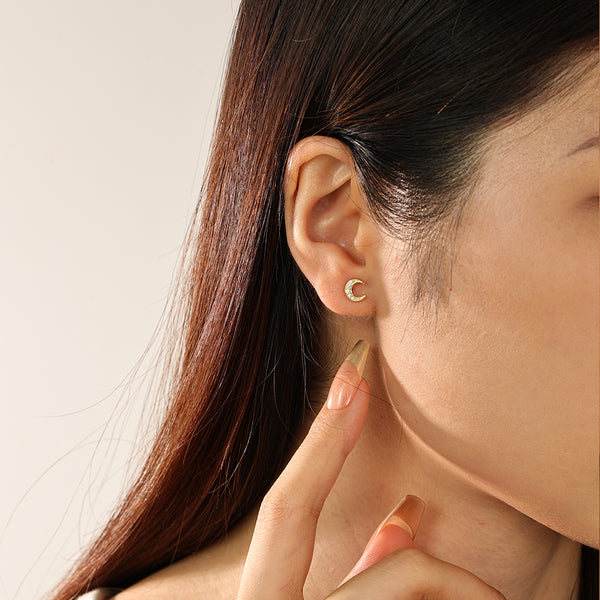 FE2303 925 Sterling Silver Pave CZ Crescent Stud Earrings