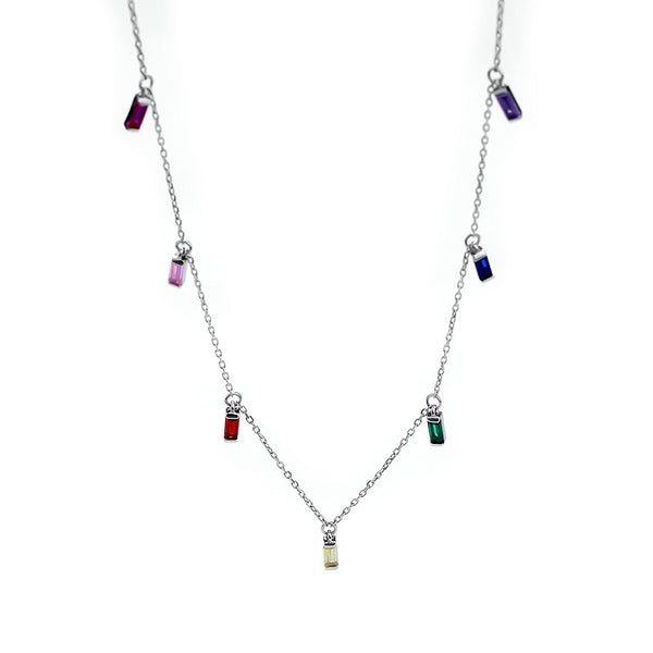 FX1018 925 Sterling Silver Rainbow Baguette Tassel Necklaces
