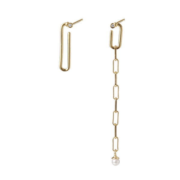 FE2670 925 Sterling Silver Long Asymmetric Chain Stud Earrings