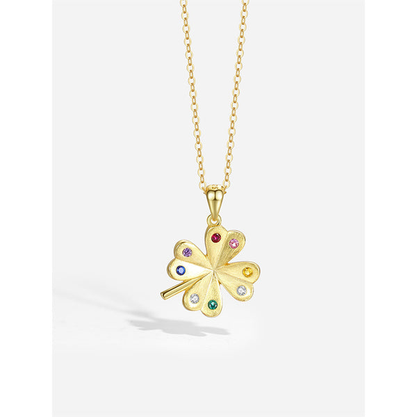 FX1258 925 Sterling Silver Rainbow Lucky Leaves Necklace