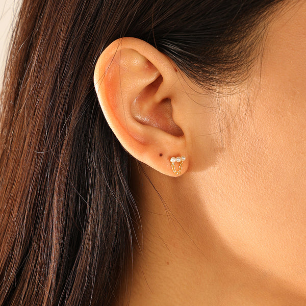 VFE0129 Shell Pearls Chain Stud Earrings