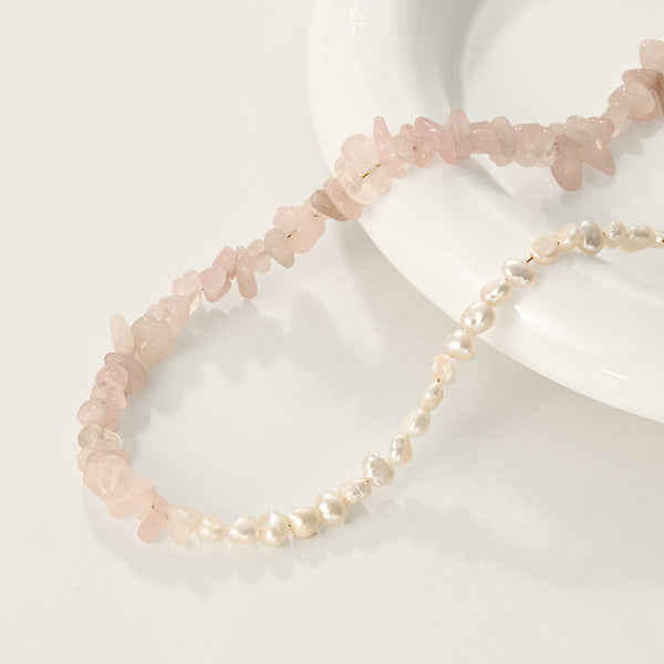 PN0101 925 Sterling Silver Stacked Pink Crystal Freshwater Pearl Necklace