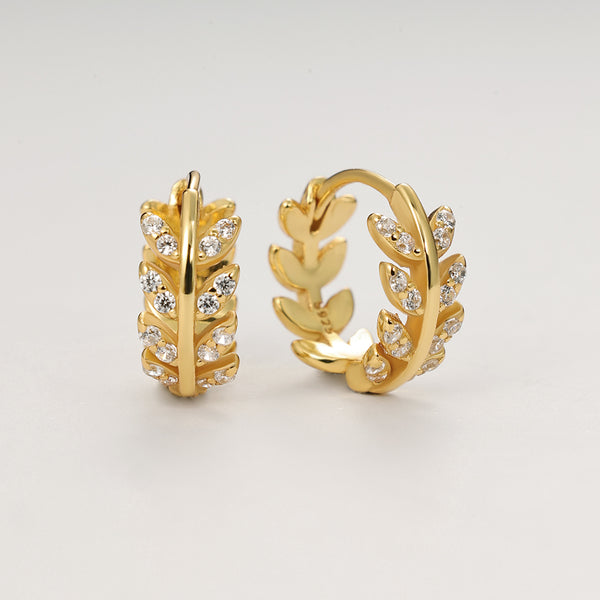 YHE0146 925 Sterling Silver Pave CZ Olive Leaf Hoop Earrings