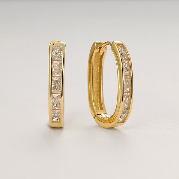 FE2138 925 Sterling Silver Rectangle Cubic Zirconia Band Hoop Earrings