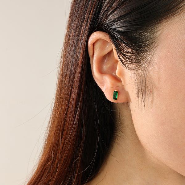 FE2320 925 Sterling Silver Baguette Green CZ Stud Earrings