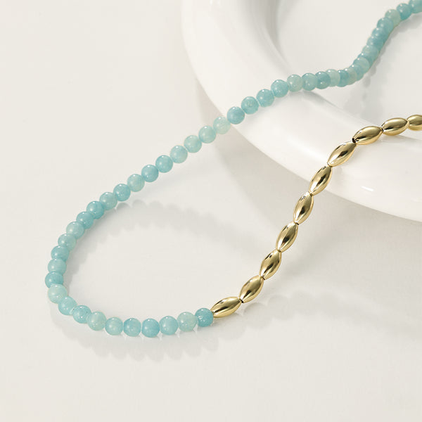 PN0092 925 Sterling Silver Aquamarine Gold Bead Necklace