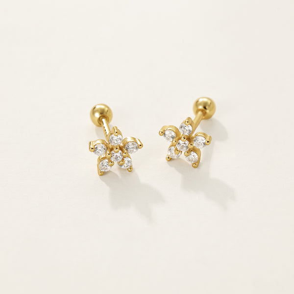 FE2302 925 Sterling Silver Cubic Zirconia Flower Ballbell Stud Earrings