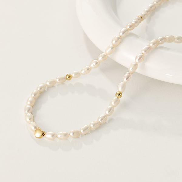 PN0089 925 Sterling Silver Gold Bead Freshwater Pearl Beaded Necklace