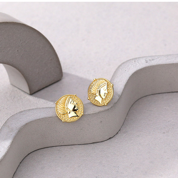 FE2575 925 Sterling Silver Retro Portrait Coin Stud Earring