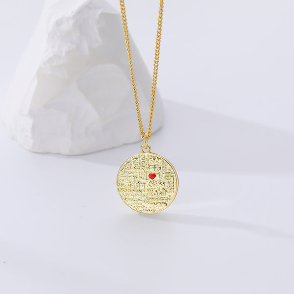 FX1107 925 Sterling Silver Vintage Texture Tetter Red Enamel Heart Necklace