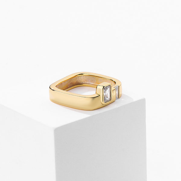FJ0962 925 Sterling Silver Two Zircon Square Ring