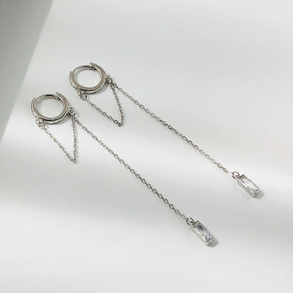 FE2549 925 Sterling Silver Chain CZ Stone Dangle Hoop Earring