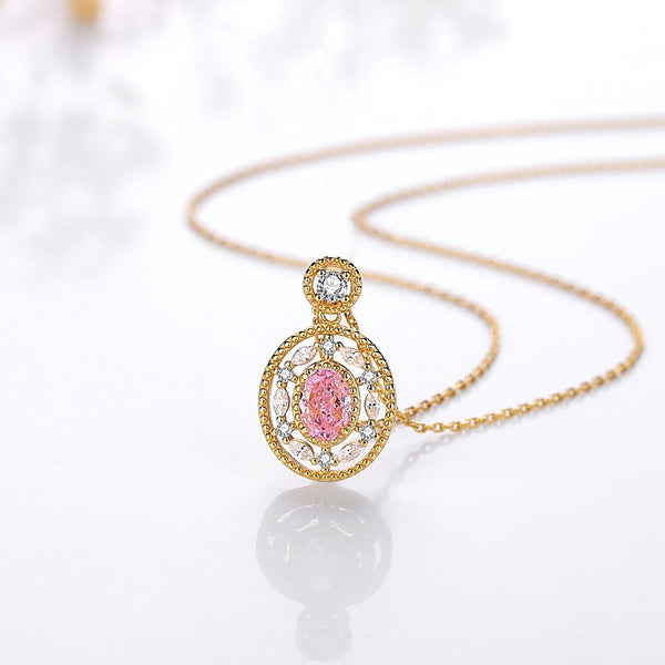 FX1206_D 925 Sterling Silver Pink Oval CZ Necklace