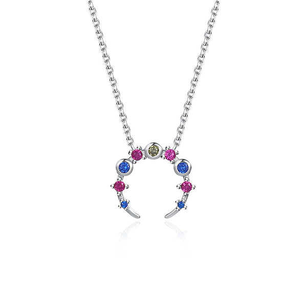 FX1015 925 Sterling Silver Rainbow CZ Crescent Horns Pendant Necklaces