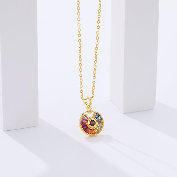 FX0998 925 Sterling Silver Rainbow Cubic Zirconia Coin Pendant Necklaces