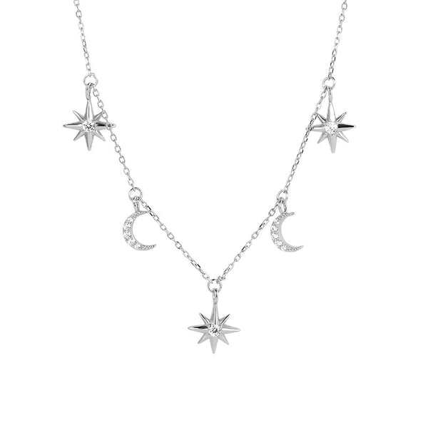 FX1160 925 Sterling Silver Star and Crescent Moon Charms Pendant Necklace