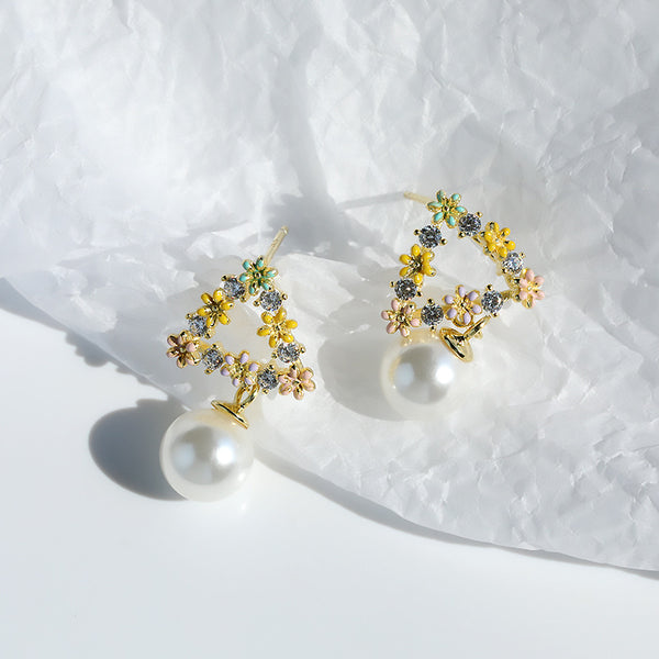 FE2592 925 Sterling Silver Triangle Pearl Dangle Stud Earring