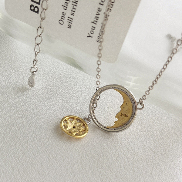 FX1031 925 Sterling Silver Zirconia Moon Tassel Octagram Necklace