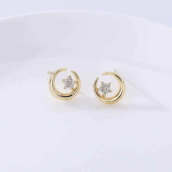 FE2613 925 Sterling Silver Dainty Moon Star Zircon Stud Earring
