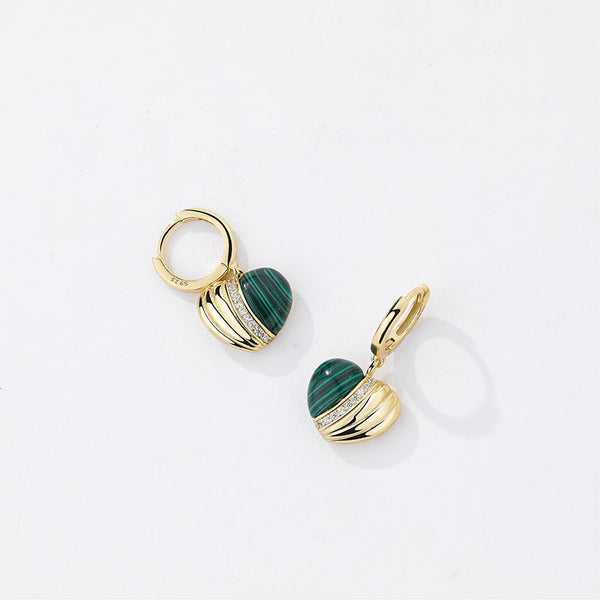 FE2542 925 Sterling Silver Malachite CZ Stone Love Heart Dangle Hoop Earring