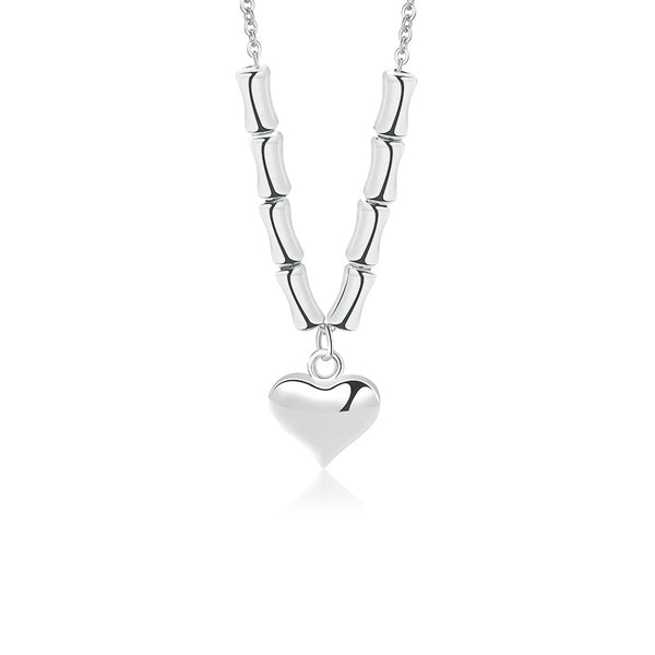 FX0963 925 Sterling Silver Plump Heart Pendant Bamboo Chain Clavicle Necklaces