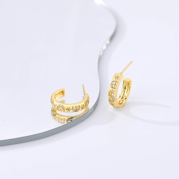 FE2538 925 Sterling Silver C Shape Star Moon Stud Earring