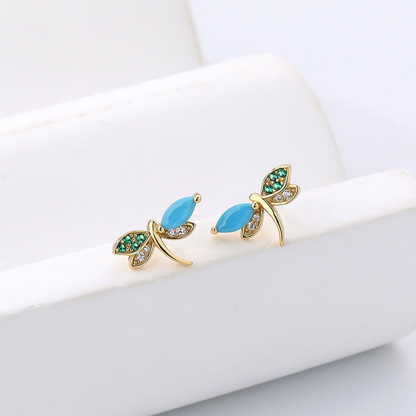 FE2703 Multicolored Zircon Turquoise Dragonfly Stud Earrings