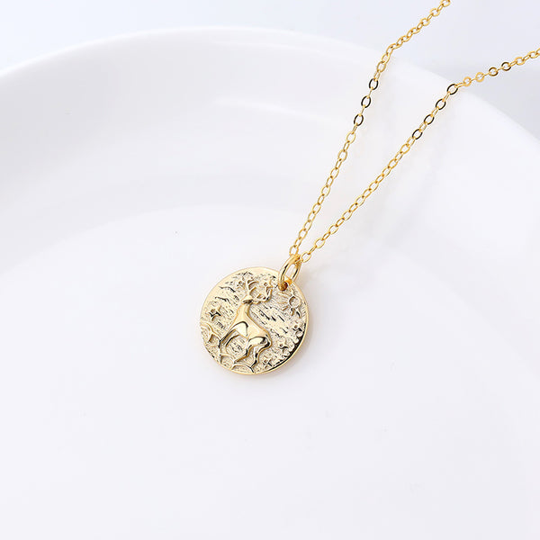 FX1103 925 Sterling Silver Texture Coin Engraving Elk Pendant Necklace
