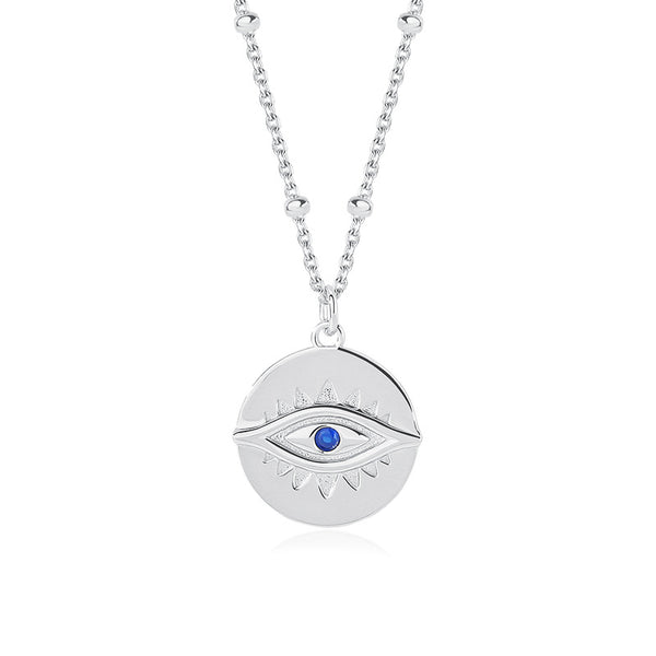 FX1086 925 Sterling Silver Zirconia Evil Eye Coin Pendant Necklace
