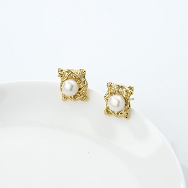 FE2617 925 Sterling Silver Rectangular Pleated Shell Pearl Stud Earring