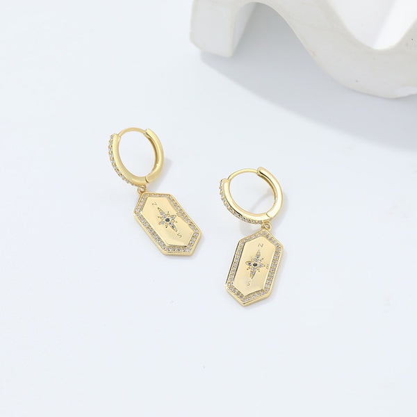 FE2526 925 Sterling Silver Compass CZ Stone Dangle Hoop Earring