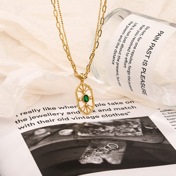 FX1154 925 Sterling Silver Layer Emerald Mother of Pearl Pendant Necklace