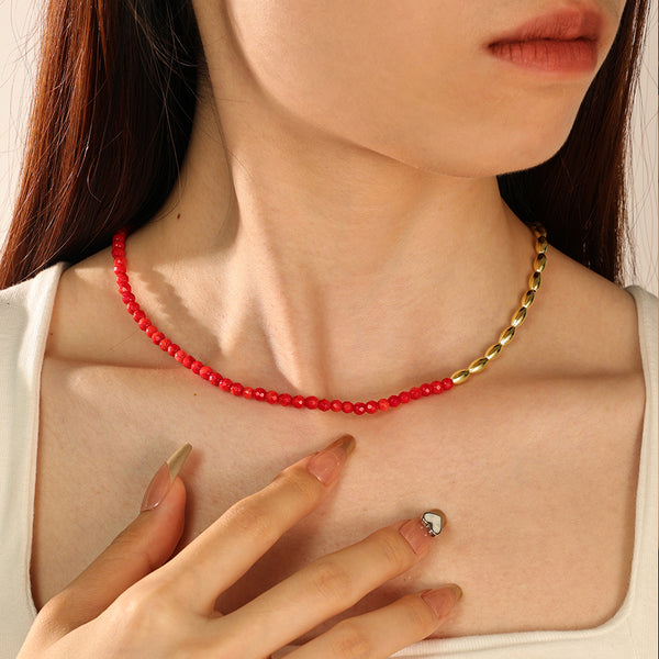 PN0094 925 Sterling Silver Gold Beaded Cut Red Coral Necklace