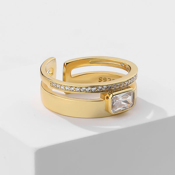 FJ0955 925 Sterling Silver Crystal Double Ring