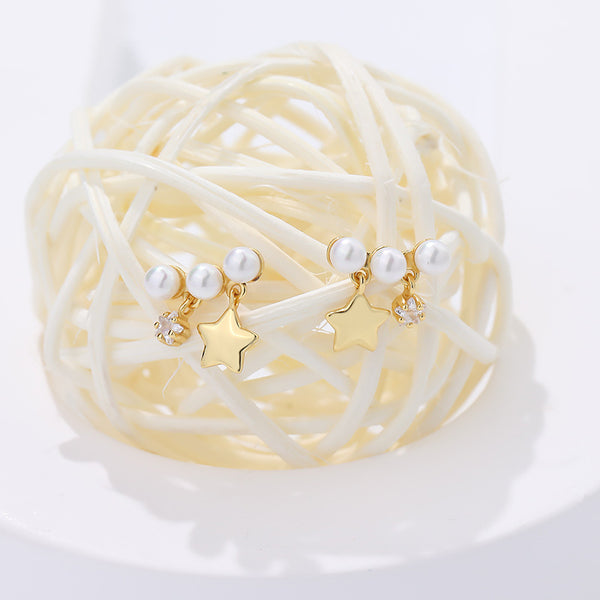FE2654 925 Sterling Silver Temperament Five-pointed Star Shell Pearl Stud Earrings