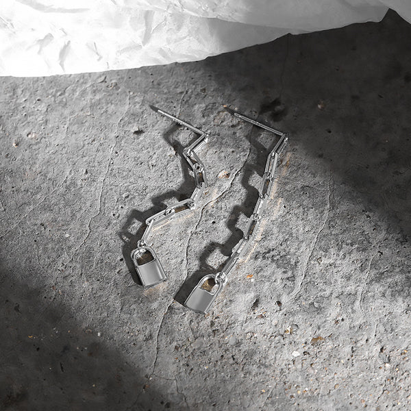 FE2594 925 Sterling Silver Tassel Chain Lock Dangle Stud Earring