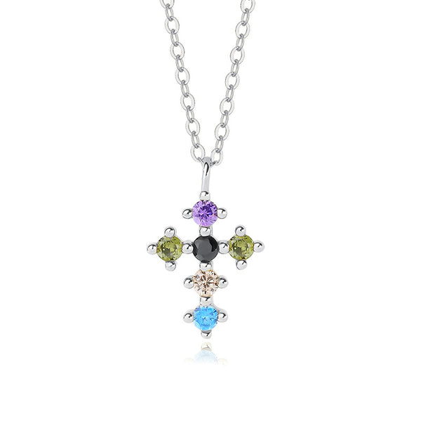 FX1004 925 Sterling Silver Rainbow Cubic Zirconia Cross Pendant Necklaces