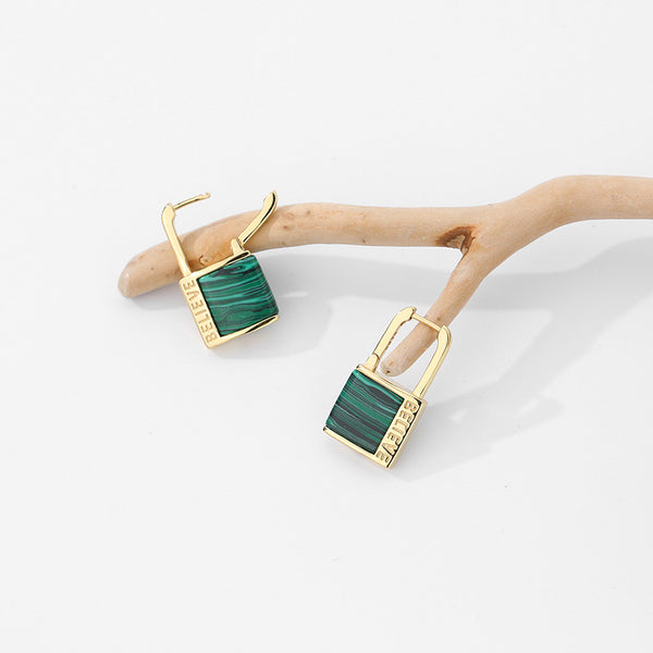 FE2540 925 Sterling Silver Onyx Peacock Green Stone Letter Lock Dangle Hoop Earring