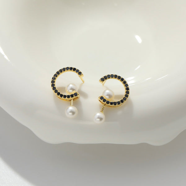 FE2604 Black Zircon Pearl Dangle Stud Earring